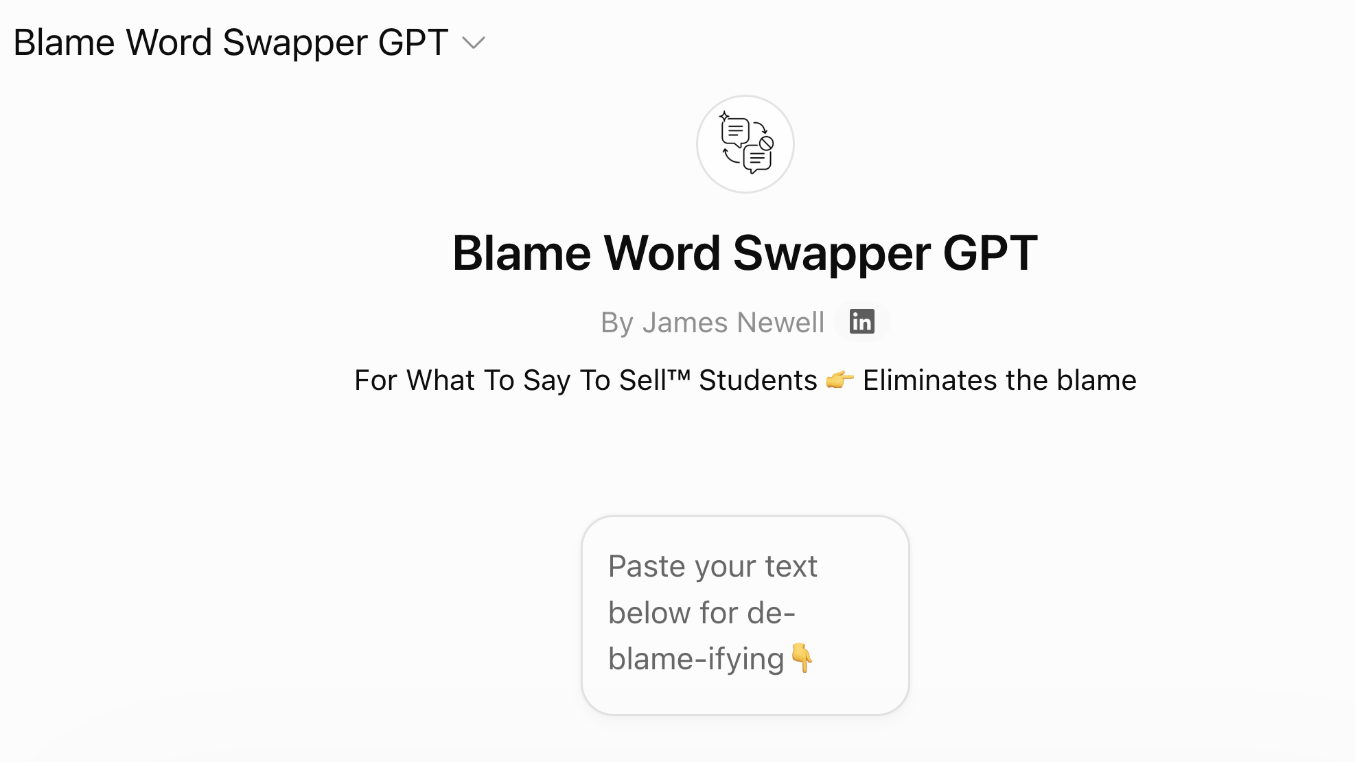 Screenshot 2026 08 12 at 165218 Hero banner for blame word swapper gpt circular chat icon above bold title author line by james newell and subtitle about eliminating blame