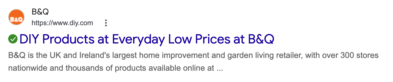 Green check icon and bq logo with the title diy products at everyday low prices at bq and a brief retailer description in the uk and ireland