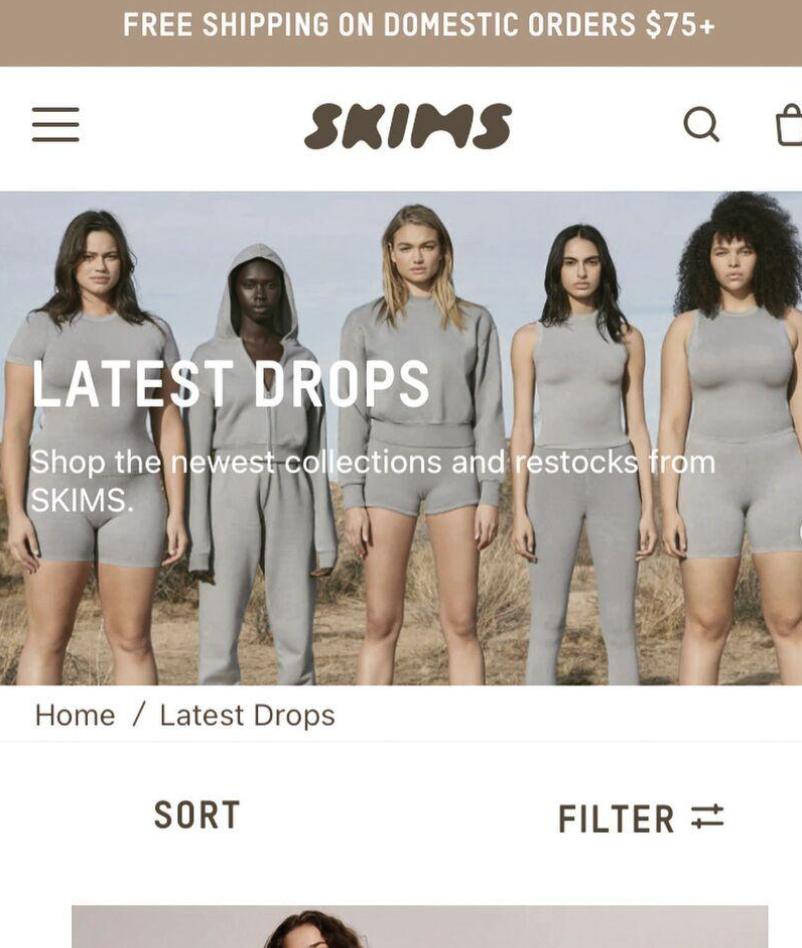 Screenshot 2026 08 14 at 220958 Group of diverse models in gray outfits posing outdoors for skims latest drops promo desert backdrop behind them