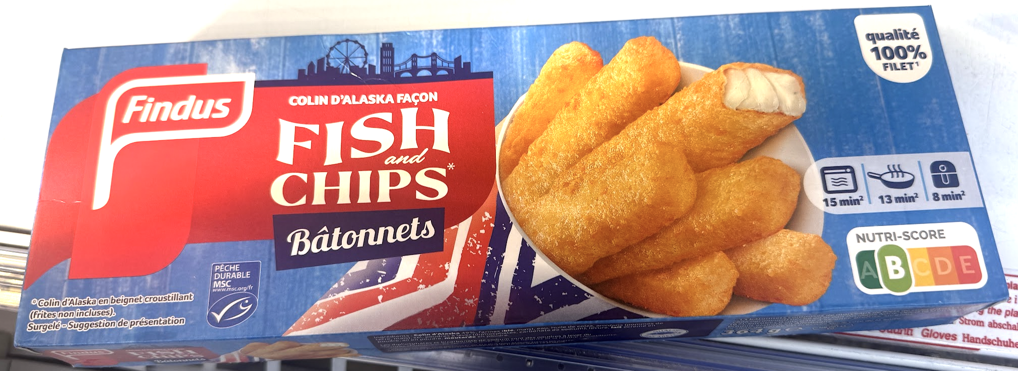 Findus fish and chips batonnets box with image of golden fried fish sticks on the right side