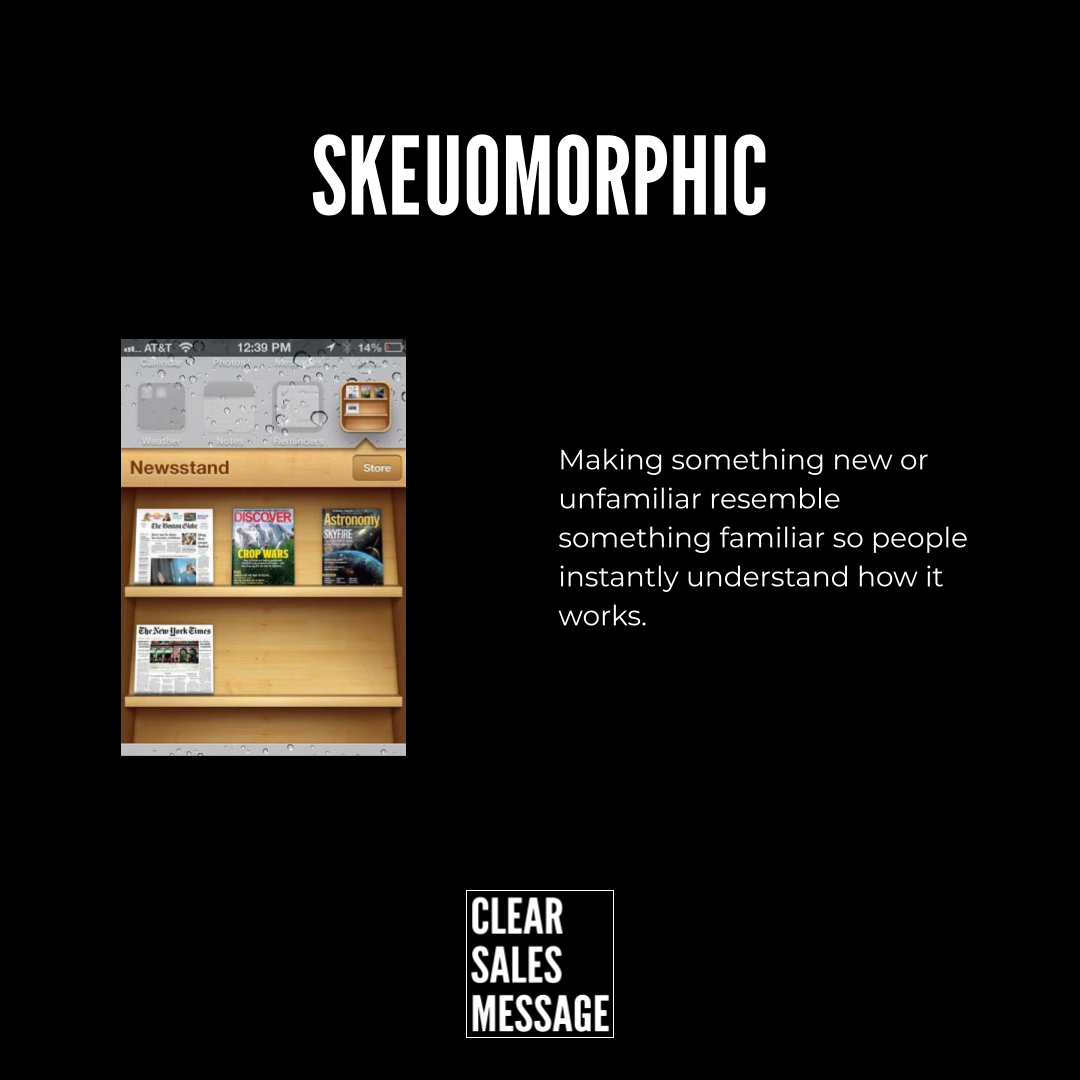 Skeuomorphic Skeuomorphic design concept bold skeuomorphic title with a wooden shelf app screenshot and explanatory text on a black background showing how familiar cues aid understanding