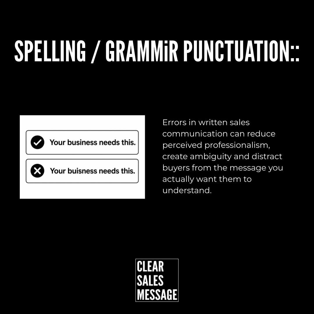 Slide about spellinggrammar punctuation two callouts your business needs this check and x beside a paragraph about sales communication errors logo bottom