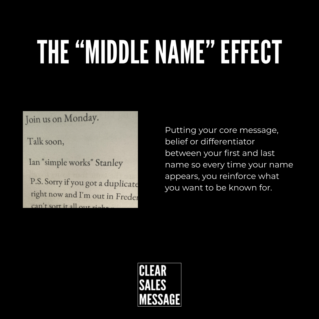 Black poster titled the middle name effect with a sample message on the left and explanatory text on the right plus a clear sales message logo at the bottom