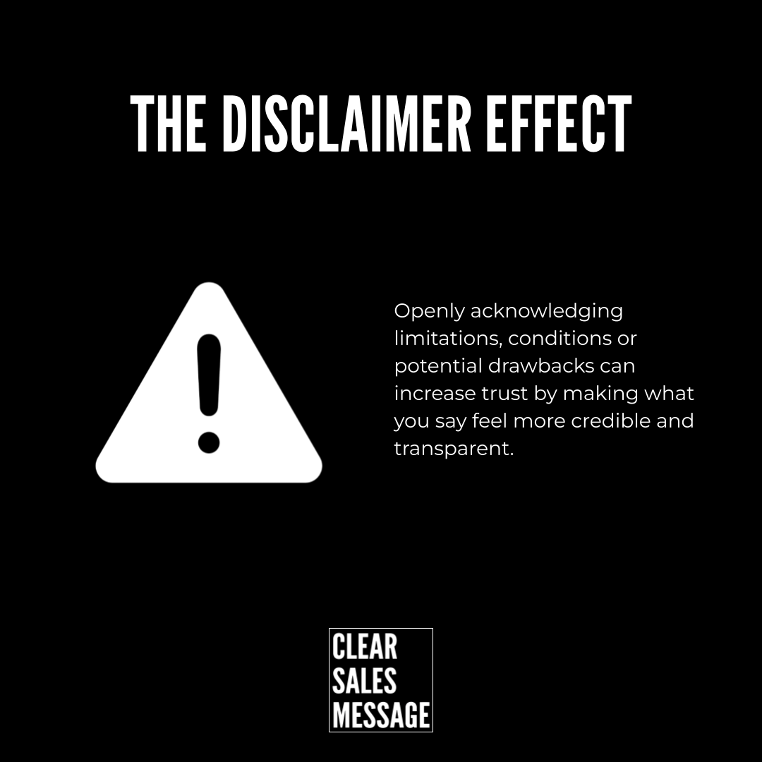 The disclaimer effect slide bold white title white warning triangle icon paragraph about acknowledging limitations logo bottom labeled clear sales message