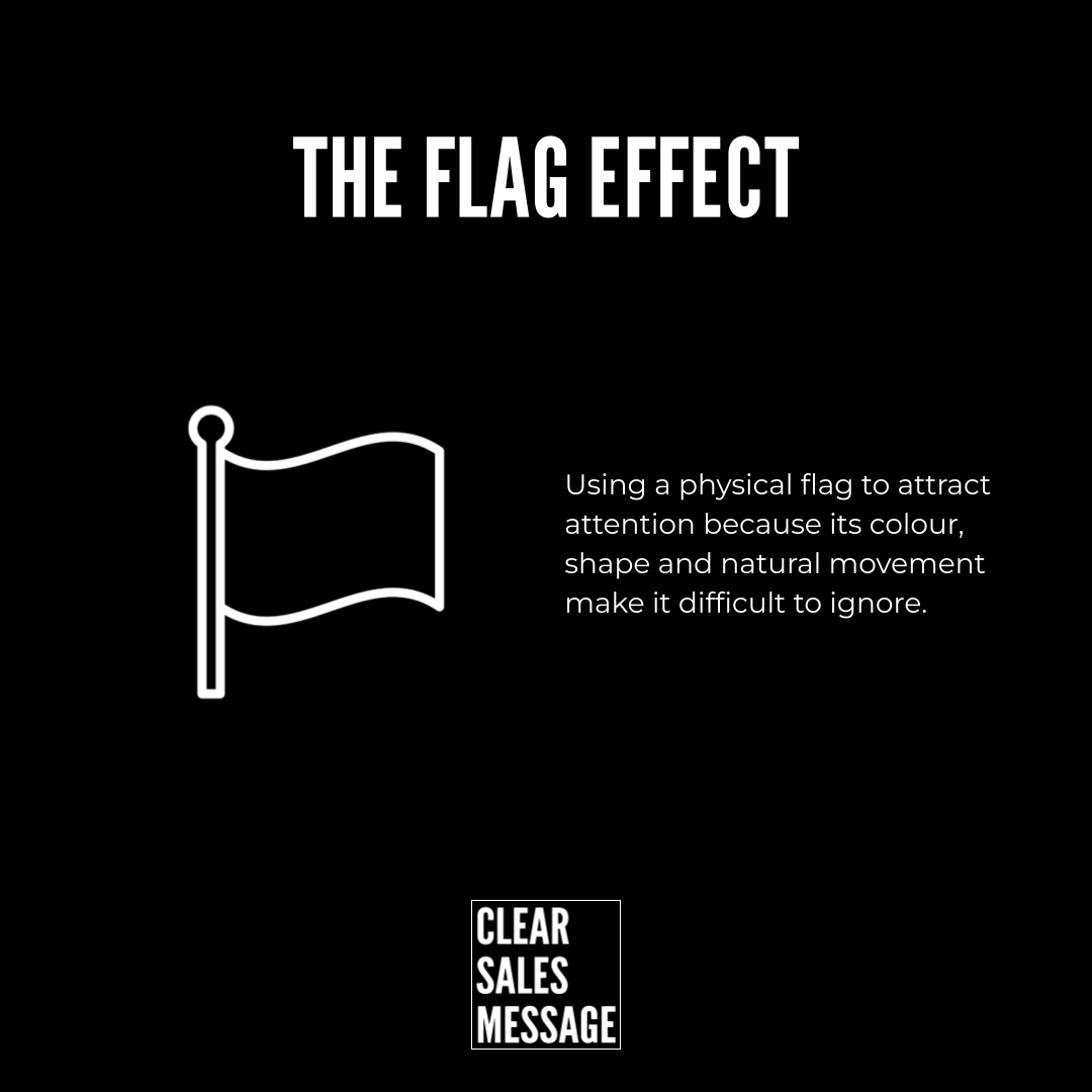 Slide titled the flag effect showing a white waving flag icon and the explanatory text about flags attracting attention clear sales message logo at bottom