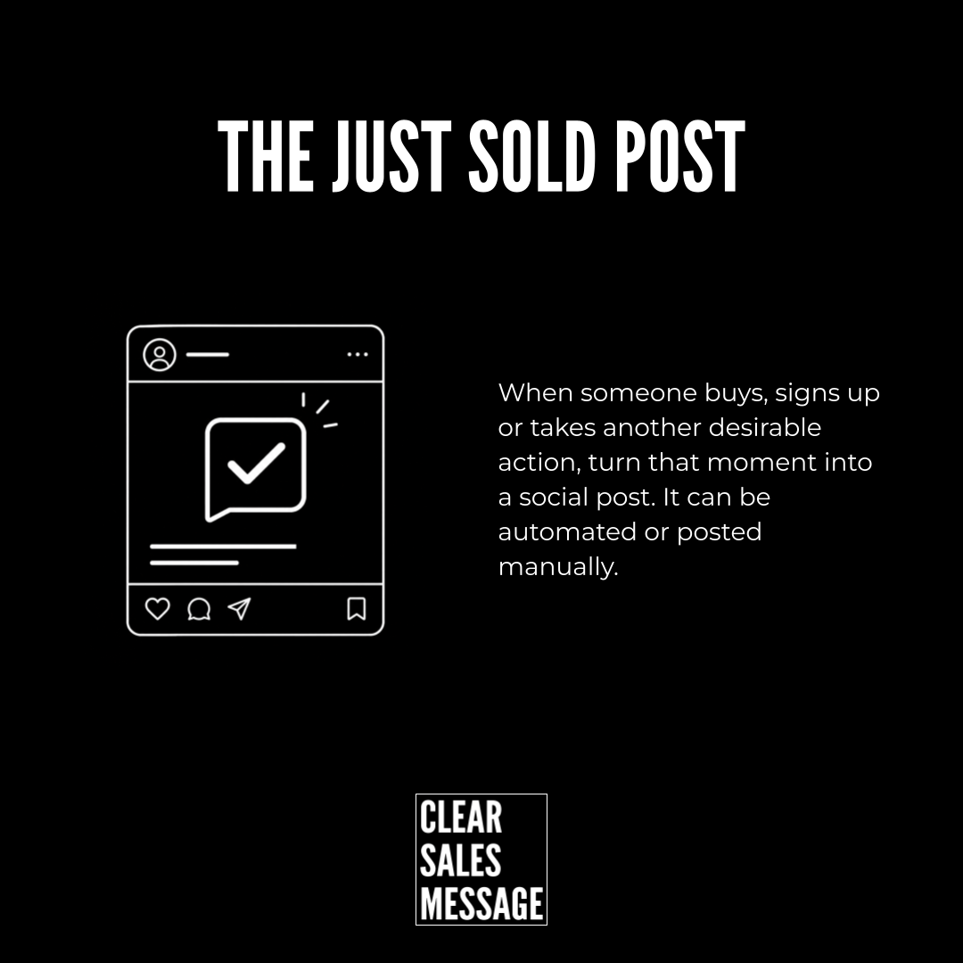 Black background with the heading the just sold post a white outlined social post icon with a checkmark and explanatory text about sharing sold posts clear sales message logo at bottom