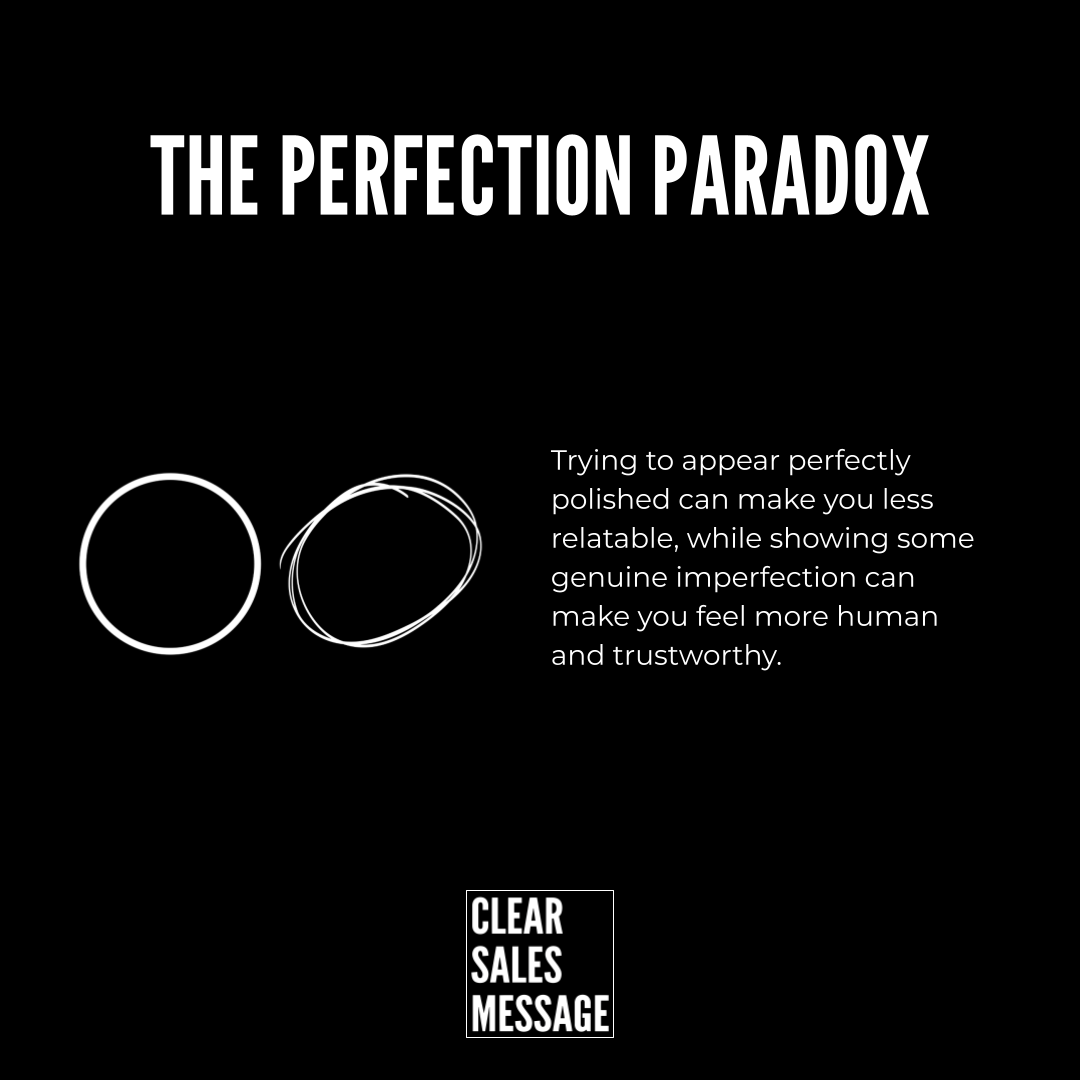 The perfection paradox Infographic on the perfection paradox white headline on black paragraph about authenticity and imperfection two circle sketches and a clear sales message logo