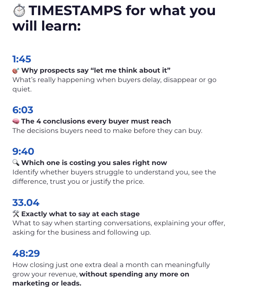 Timestamps example Timestamps for what you will learn five time stamped sales topics with emojis
