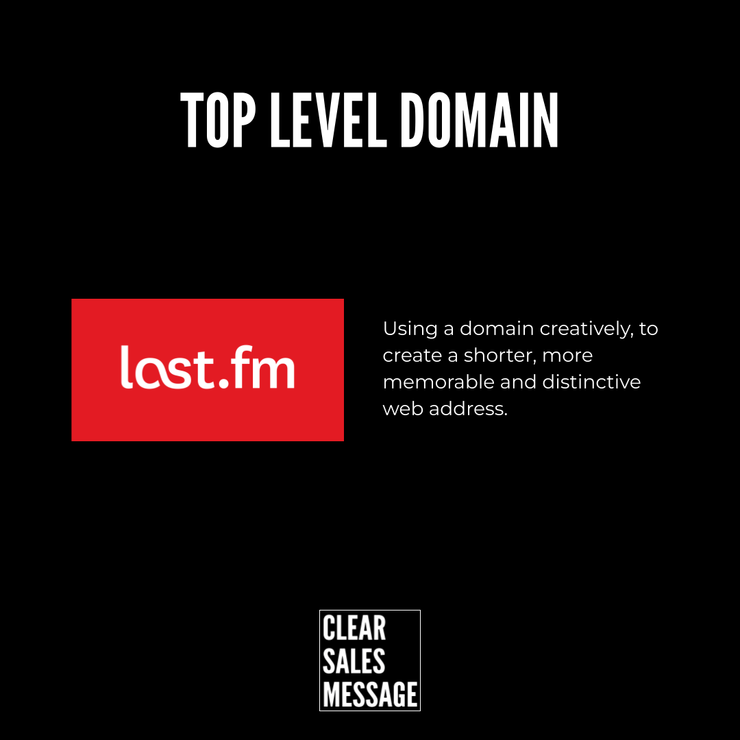 Black slide with the title top level domain a red last Fm logo on the left descriptive copy on the right and a small white clear sales message badge at the bottom
