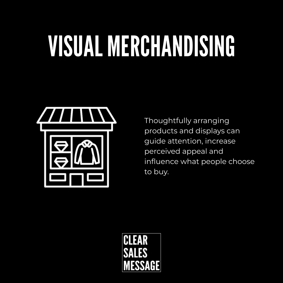 Visual merchandising Black poster with the title visual merchandising a white storefront icon on the left explanatory text on the right about guiding attention and a small clear sales message logo at the bottom