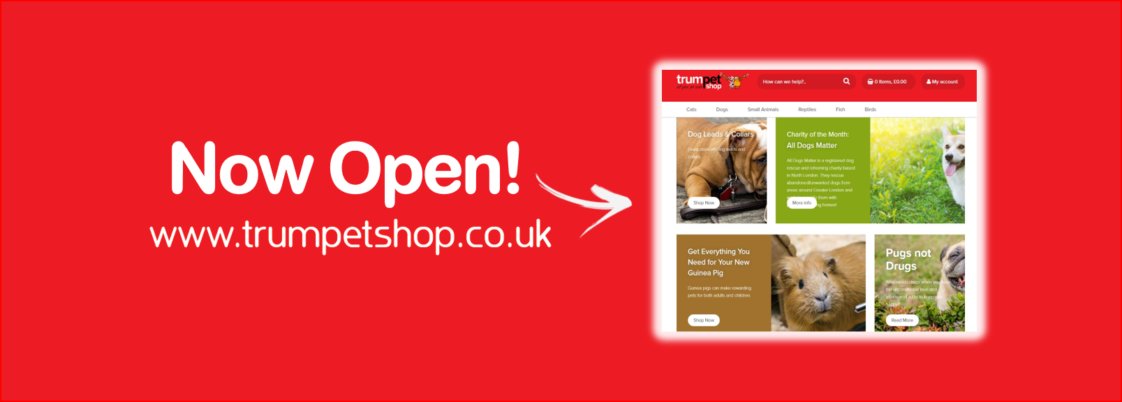 Red banner announcing now open  with the url www Trumpetshop Co Uk and a right side screenshot of the store