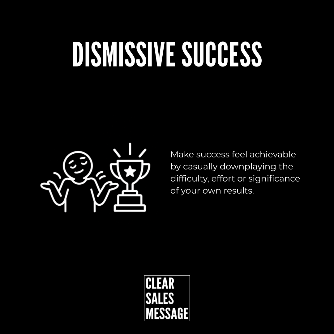 Infographic titled dismissive success with a shrugging figure beside a trophy and explanatory text bottom logo clear sales message