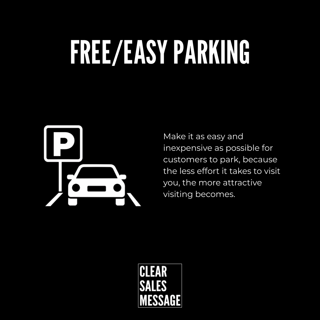 Black promotional banner with the headline freeeasy parking a white car and parking sign on the left explanatory text on the right and a small clear sales message logo at the bottom
