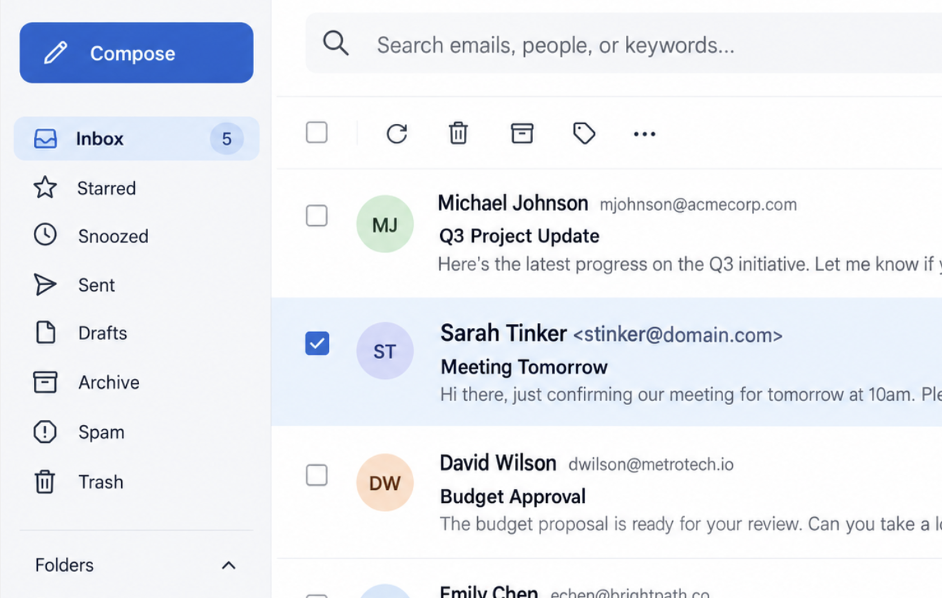 Email inbox ui left sidebar with a blue compose button and inbox highlighted main pane lists several messages from michael johnson sarah tinker and david wilson in a gmail like layout
