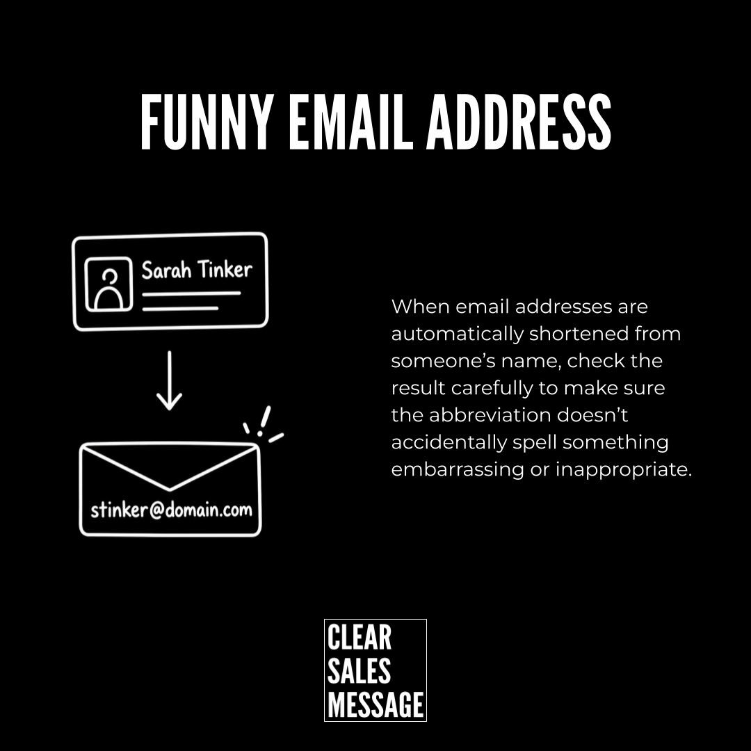 Infographic about a funny email address a name badge says sarah tinker linking to an envelope stinkerdomain Com warning text appears on the right clear sales message logo at bottom