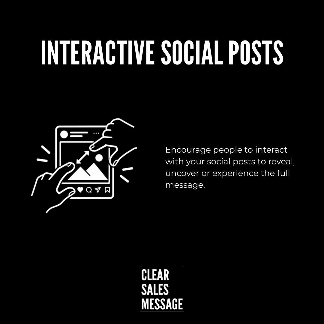 Graphic about interactive social posts black background large white title illustration of hands tapping a phone and a short caption plus a small logo reading clear sales message
