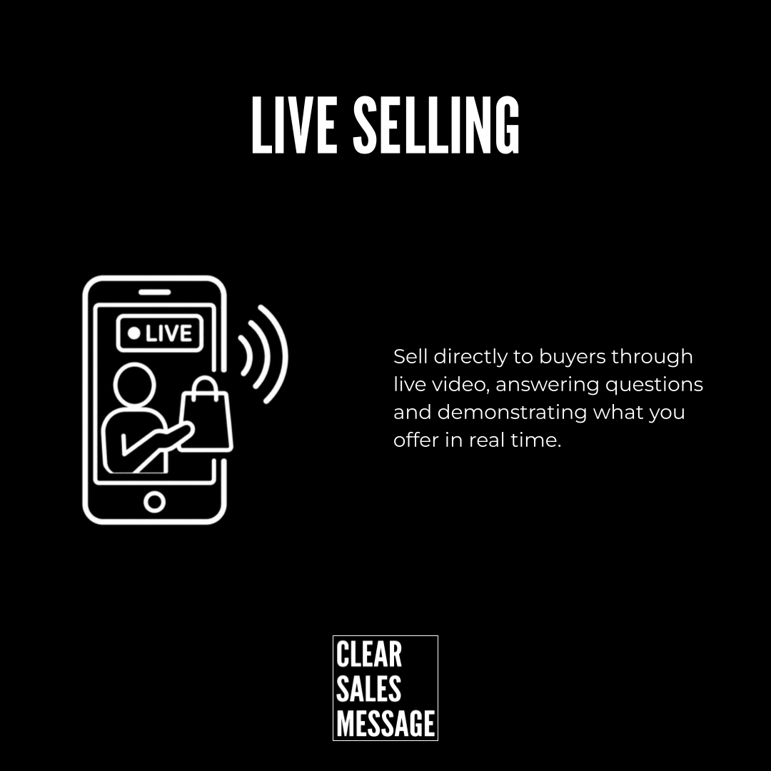 Black background with a bold live selling title white line art of a smartphone streaming live a person holding a shopping bag and a right side explanatory paragraph a clear sales message logo at the bottom