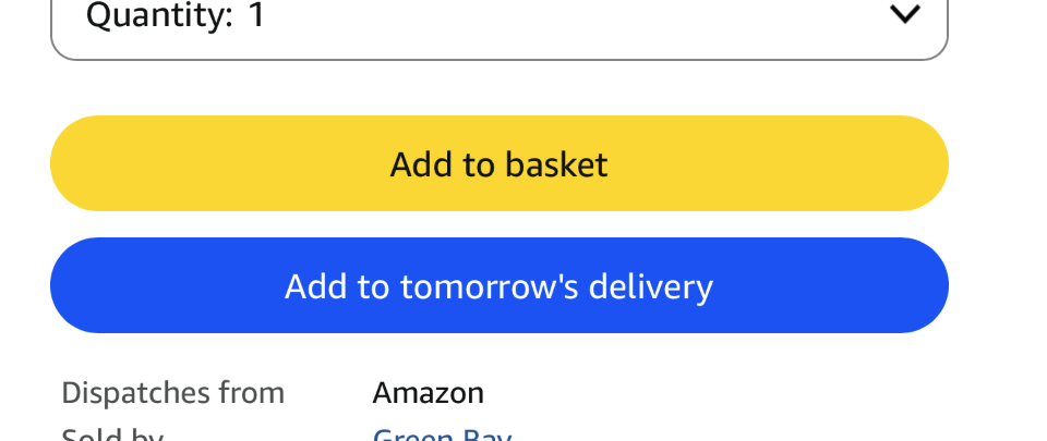 Two rounded buttons yellow add to basket and blue add to tomorrows delivery