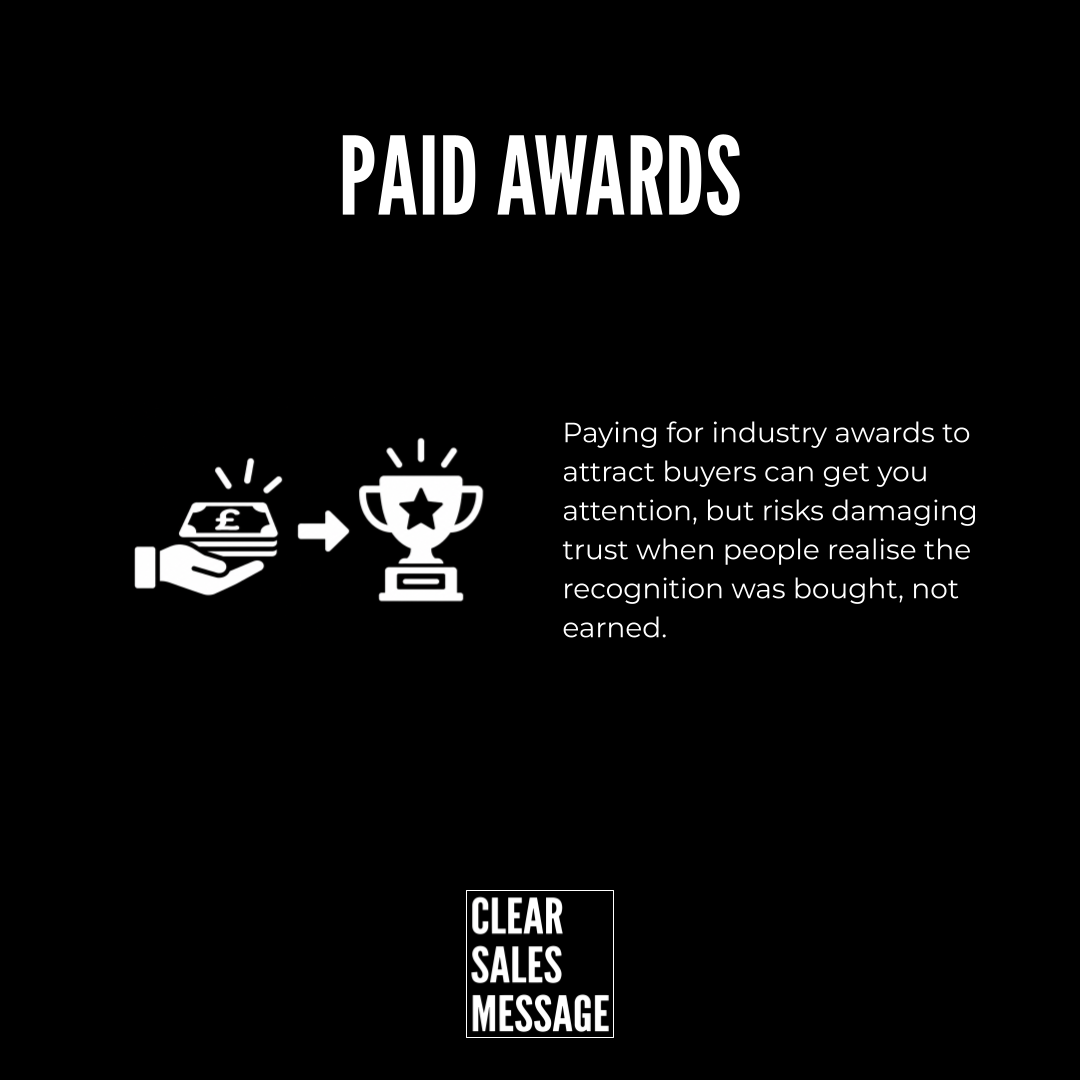 Paid awards Bold paid awards heading with a money to trophy icon on the left and a paragraph noting that paying for awards can harm trust and recognition is earned