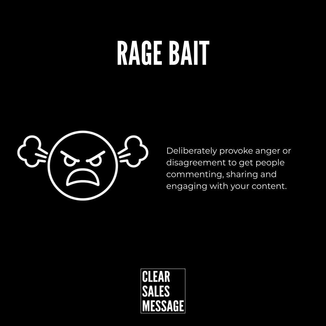 Rage bait concept angry emoji with text explaining provoking anger for engagement on a black background with a clear sales message logo at the bottom