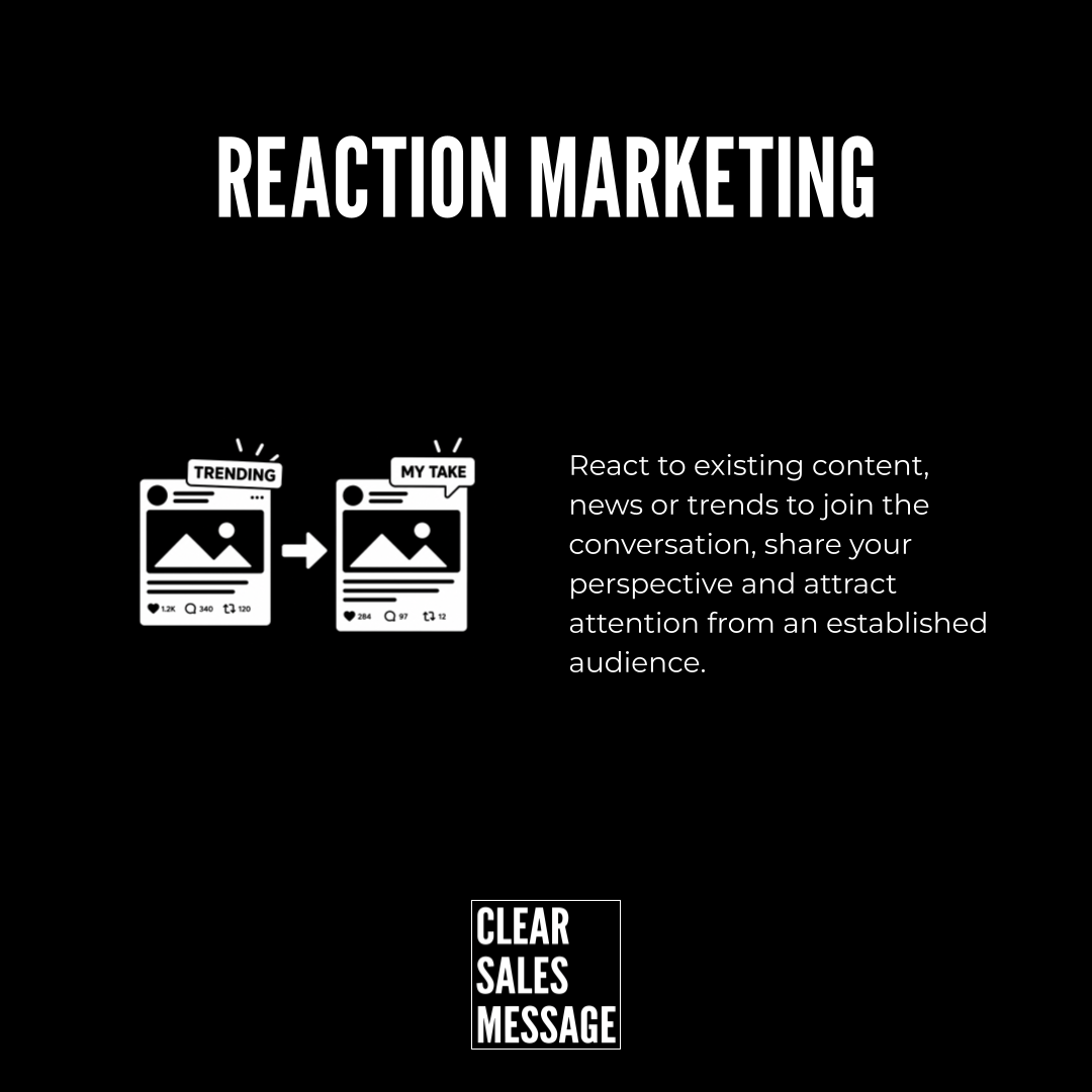 Black background infographic with a large reaction marketing header on the left are two social post icons labeled trending and my take on the right a paragraph of explanatory text bottom shows a clear sales message logo