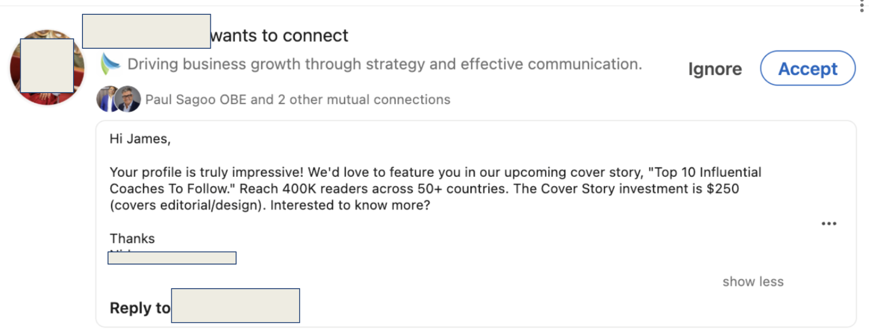 Screenshot 2026 09 17 at 092809 Linkedin style connection request popup showing a profile photo request from paul sagoo and two mutual connections and a message preview about featuring in a cover story with ignore and accept buttons