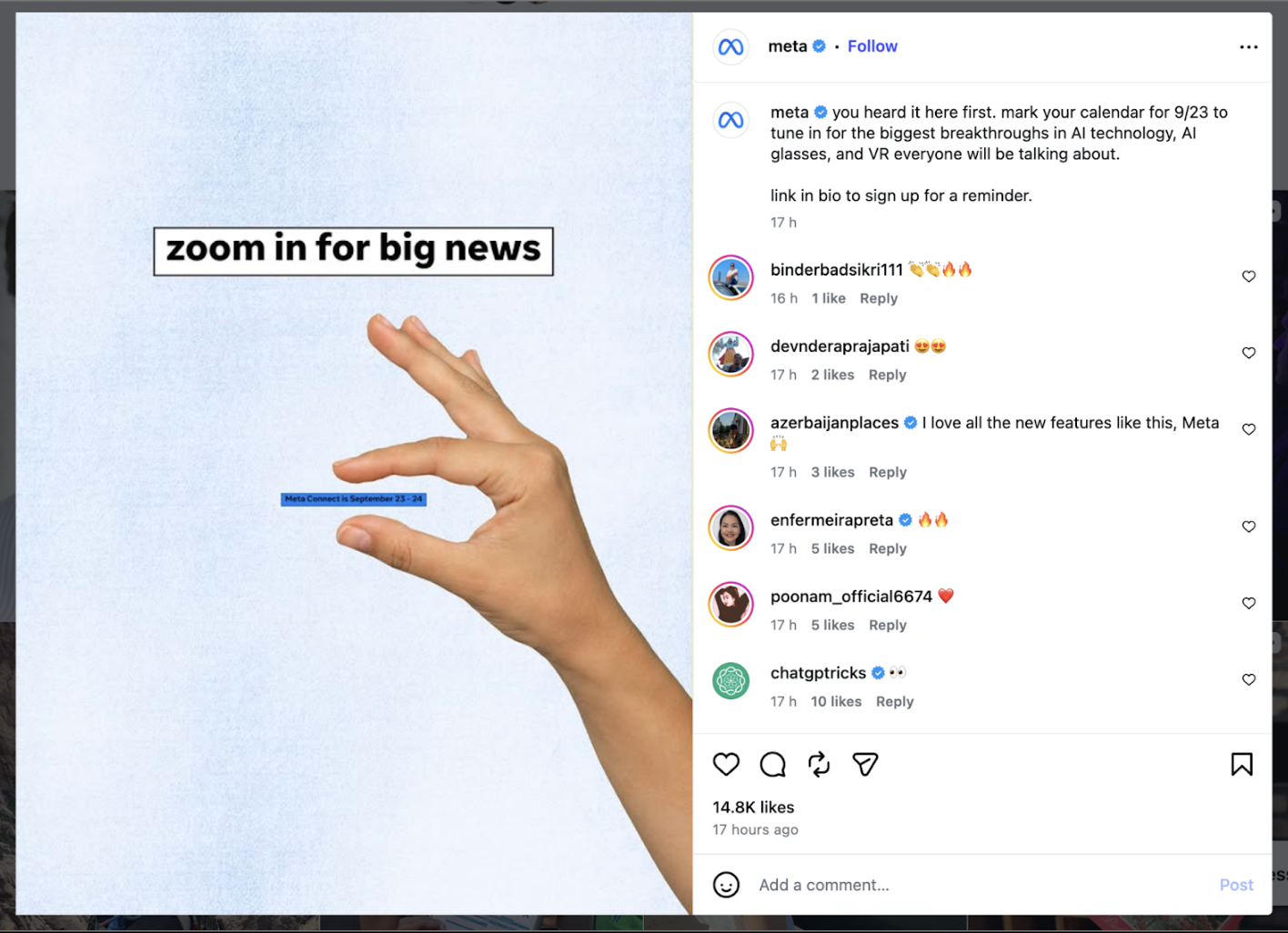 Hand pinching a tiny blue label that says meta connect is september 23 24 on a light blue textured background with zoom in for big news text above