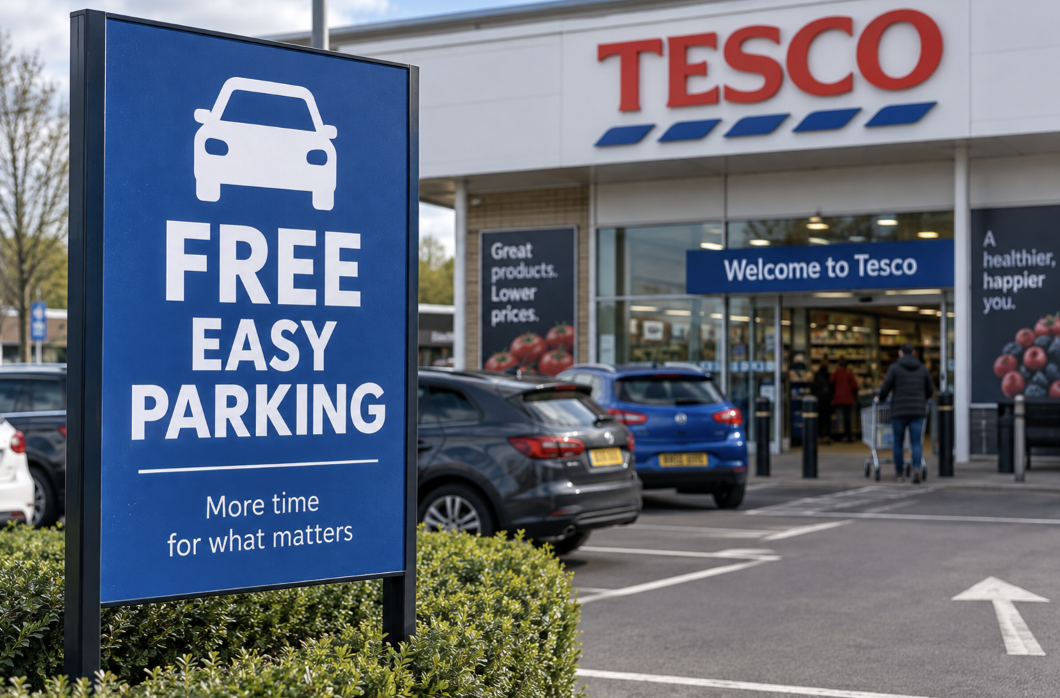 Blue sign reads free easy parking with car icon outside tesco inviting shoppers to park for free while storefront is visible in the background