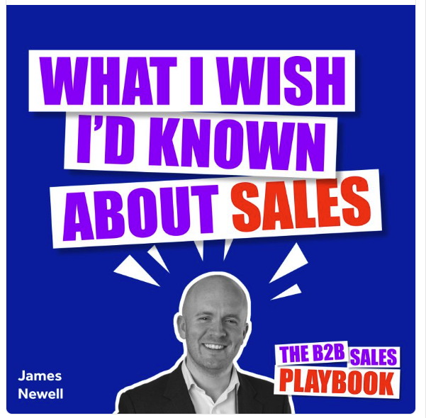 Book cover for what i wish id known about sales by james newell blue background stacked white title panels in purple text with red sales and a smiling man in a suit