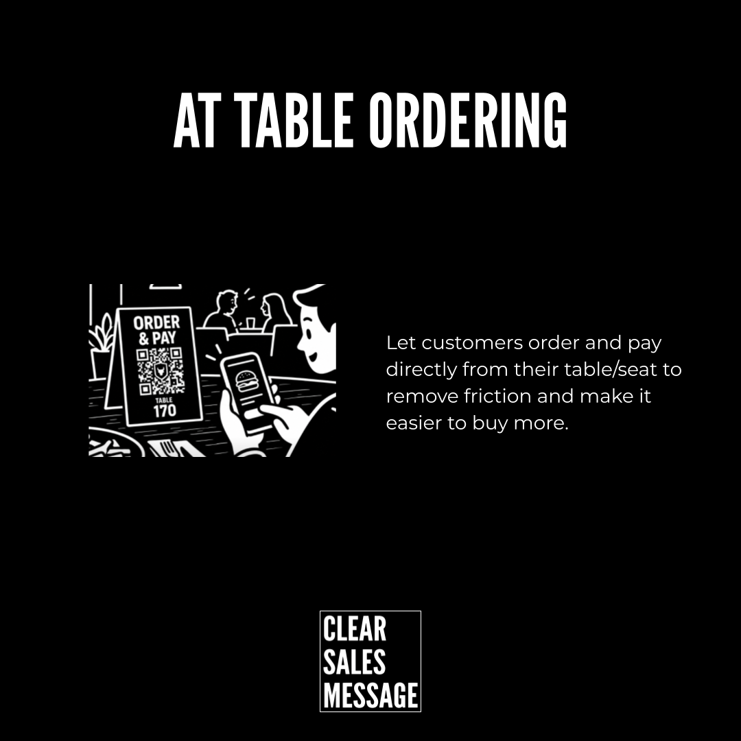 At table ordering person using a smartphone to order and pay at a table alongside a sign with explanatory text about easing purchases