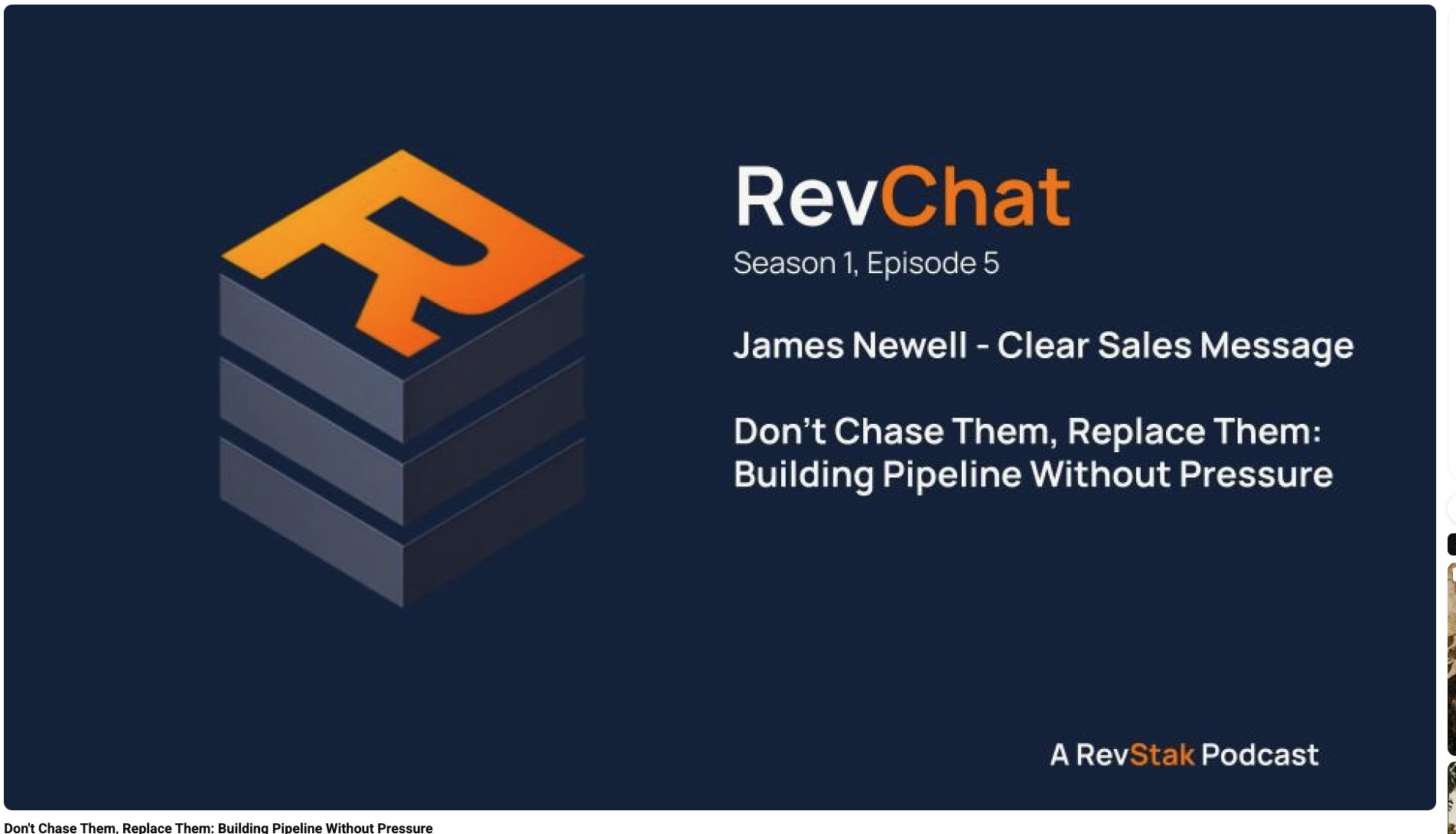 Revchat podcast cover with orange logo on dark blue background and episode title season 1 episode 5 featuring james newell   clear sales message