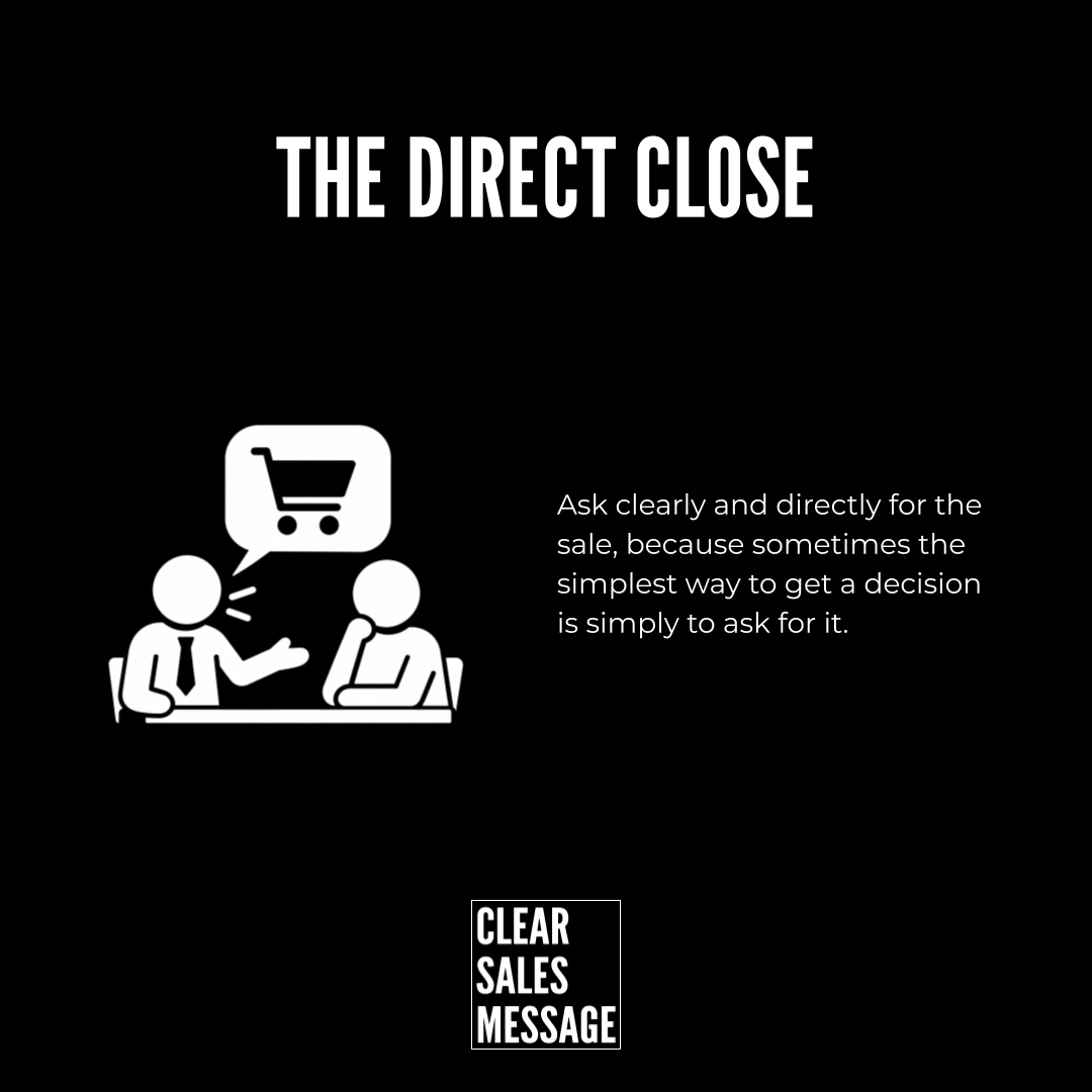 The direct close Black slide with the bold title the direct close illustration of two people at a table discussing a shopping cart in a speech bubble above them on the right guidance about asking clearly for the sale brand clear sales message logo at the bottom