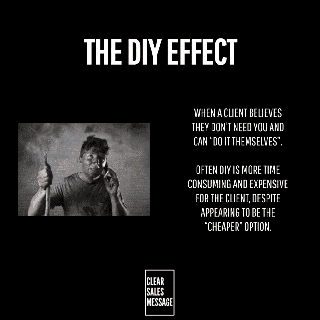 Slide with black background and the diy effect title left is grayscale photo of a man holding a torch right shows text about clients doing it themselves bottom logo clear sales message
