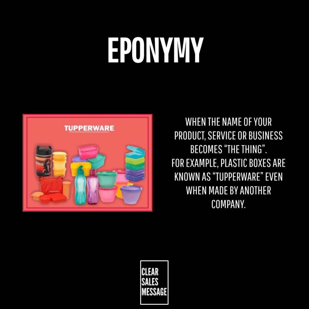 Eponymy title on a black background left shows a pink tupperware image right a paragraph describing how brand names become the thing bottom small clear sales message logo