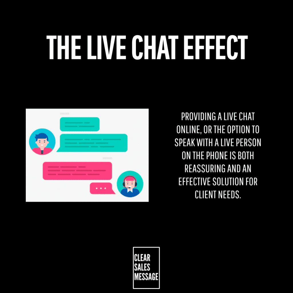 Black hero image with the title the live chat effect left shows colorful chat bubbles right side text explains live chat reassures clients bottom logo clear sales message
