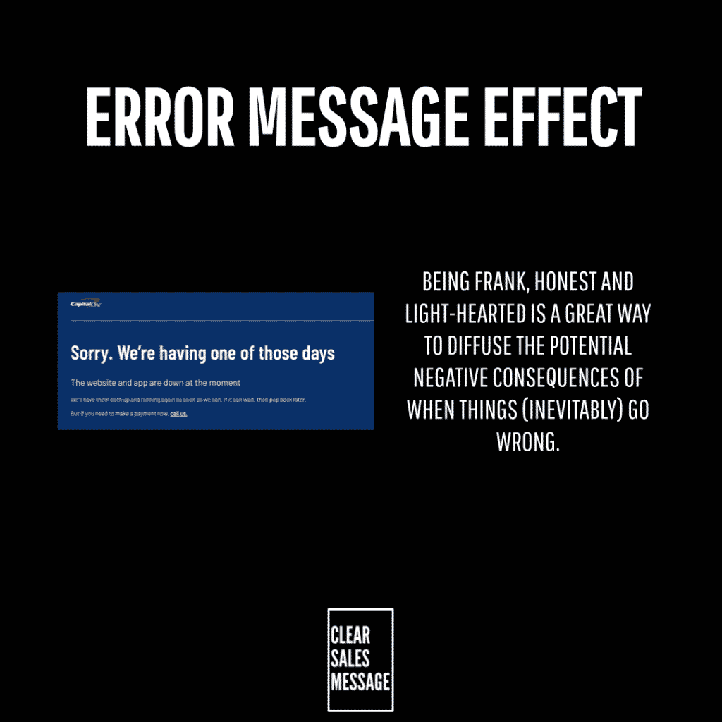 Infographic style graphic black background with a bold error message effect headline a blue left box saying sorry Were having one of those days a right aligned white text block with a quote and a small clear sales message logo at the bottom center