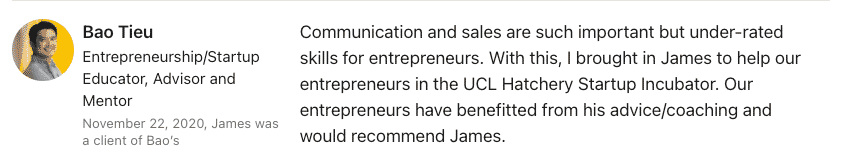 Testimonial card bao tieu portrait with his title quoting his praise of james for helping entrepreneurs with communication and sales