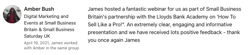 Testimonial card amber bush praising james for a clear engaging webinar about how to sell like a pro for small business britain and lloyds bank academy