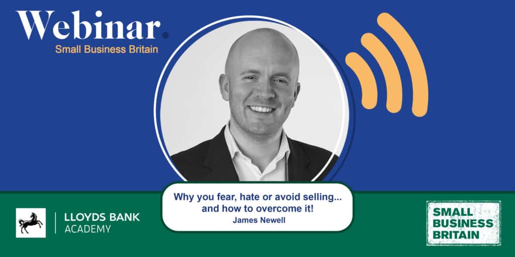 Promotional webinar banner with james newells portrait in a circle blue background and webinar Small business britain text