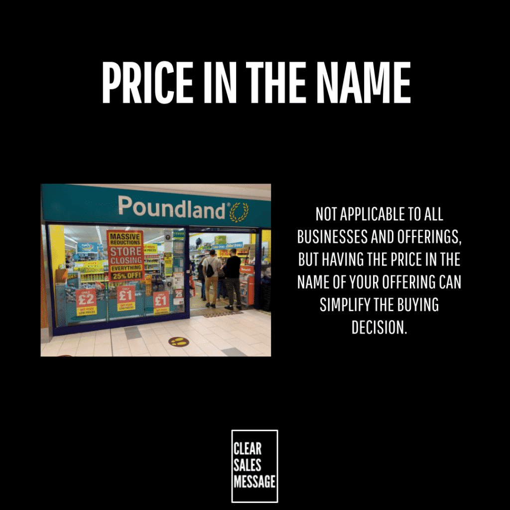 Two column infographic left shows a poundland storefront with sale signs right column contains the message about price in the name not applying to all businesses top heading reads price in the name and a small clear sales message box at bottom