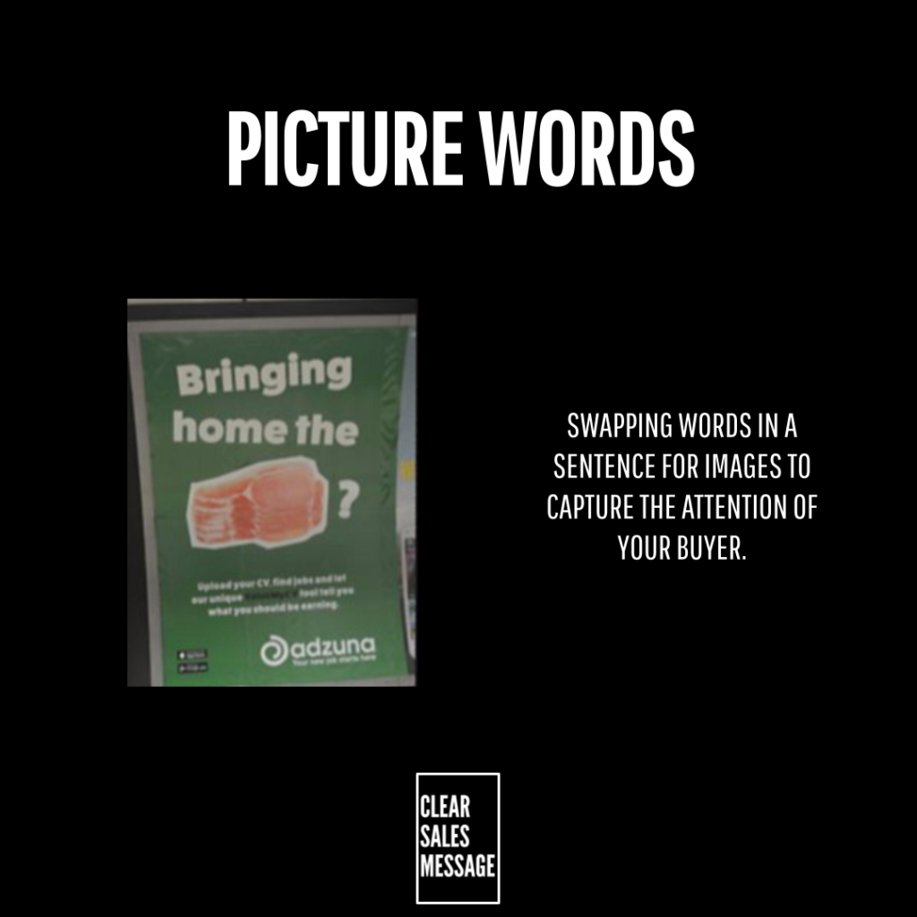 Black background with the title picture words left shows a green poster reading bringing home the with a meat image right explains swapping words for images bottom clear sales message badge