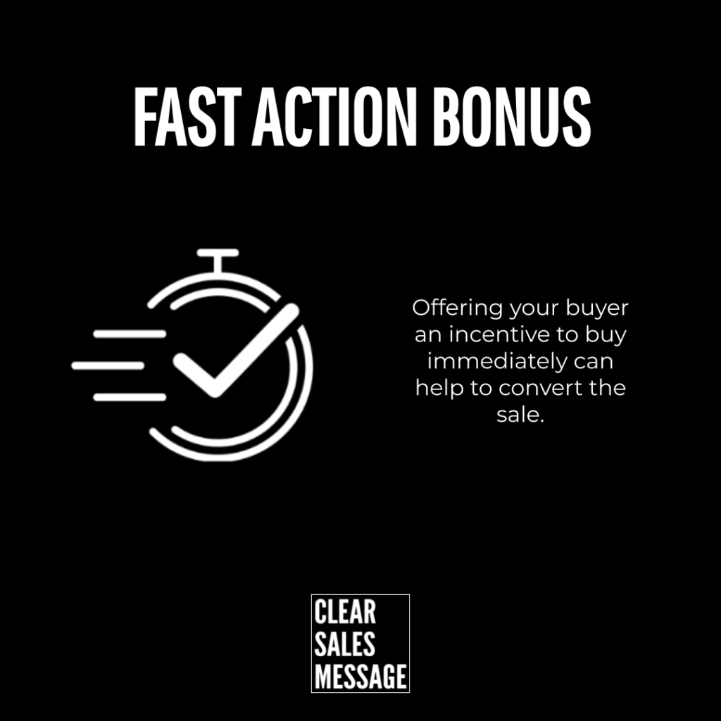 Infographic titled fast action bonus with a fast stopwatchcheckmark icon and text about incentives to buy now plus a clear sales message logo at the bottom