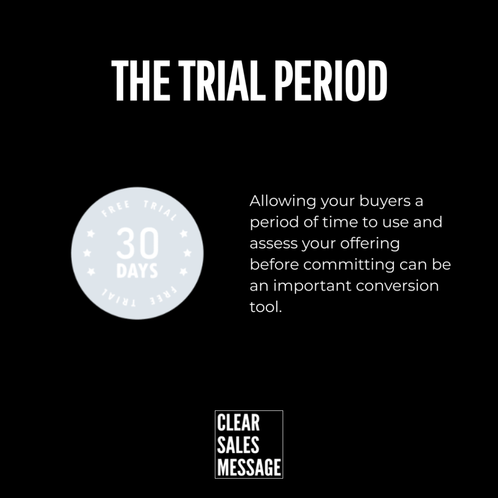 Black slide with bold title the trial period at top a light blue circular 30 days free trial badge on the left and a paragraph about a 30 day trial on the right plus a small clear sales message logo at the bottom center