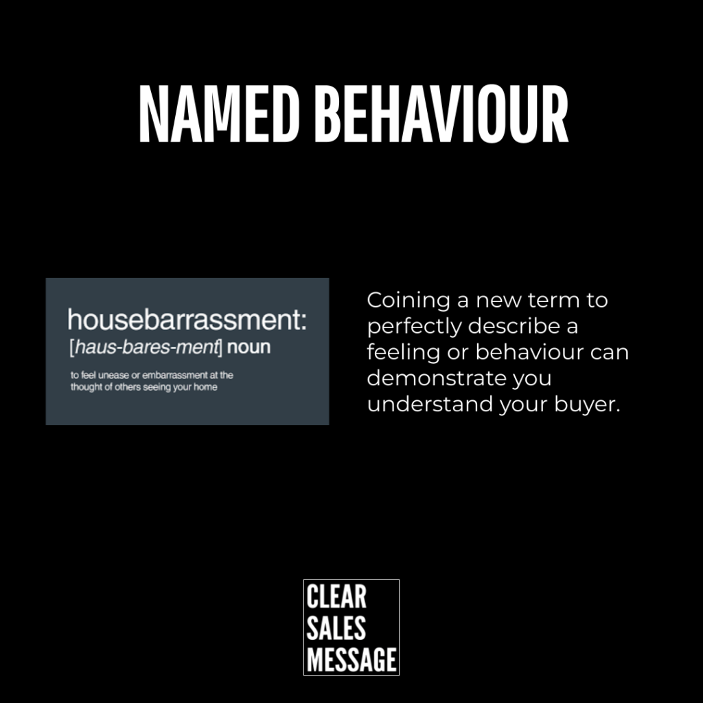 Black poster with the title named behaviour left shows a blue card reading housebarrassment definition right paragraph about coining a new term to describe buyer feelings small clear sales message logo at bottom center
