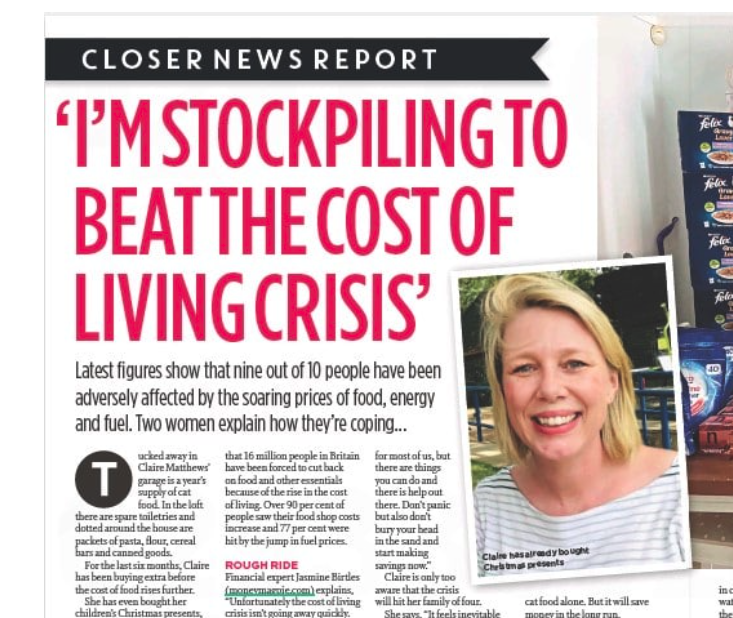 Newspaper front page with a bold red headline im stockpiling to beat the cost of living crisis and a photo of a smiling woman inset to the right