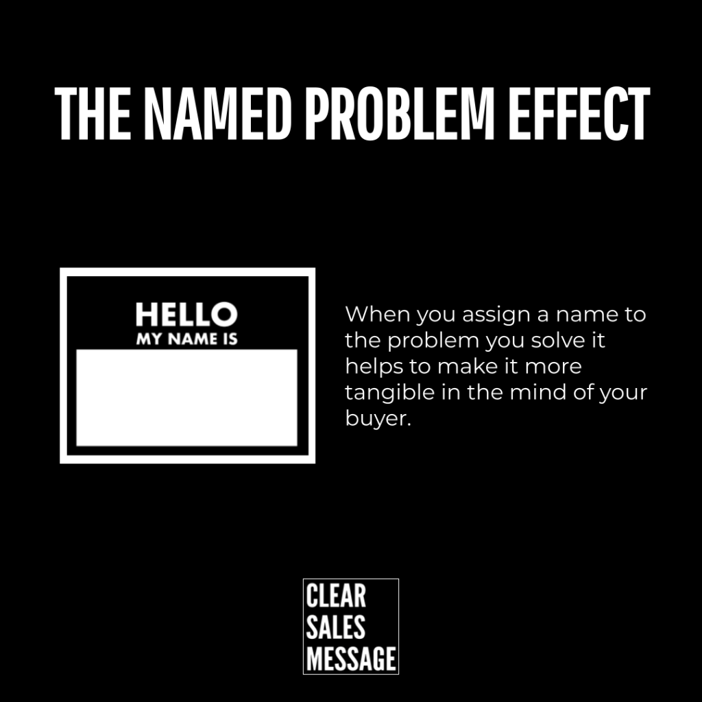 Infographic about the named problem effect name tag graphic and explanatory text on making problems tangible for buyers