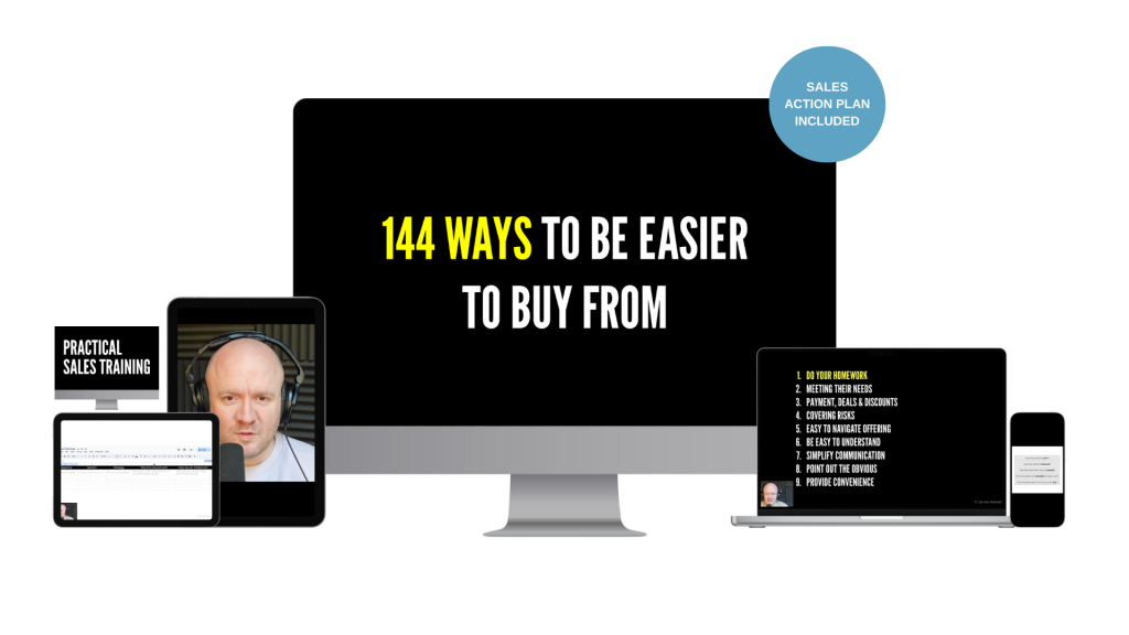 Promotional collage on devices advertising 144 ways to be easier to buy from with a sales action plan included badge