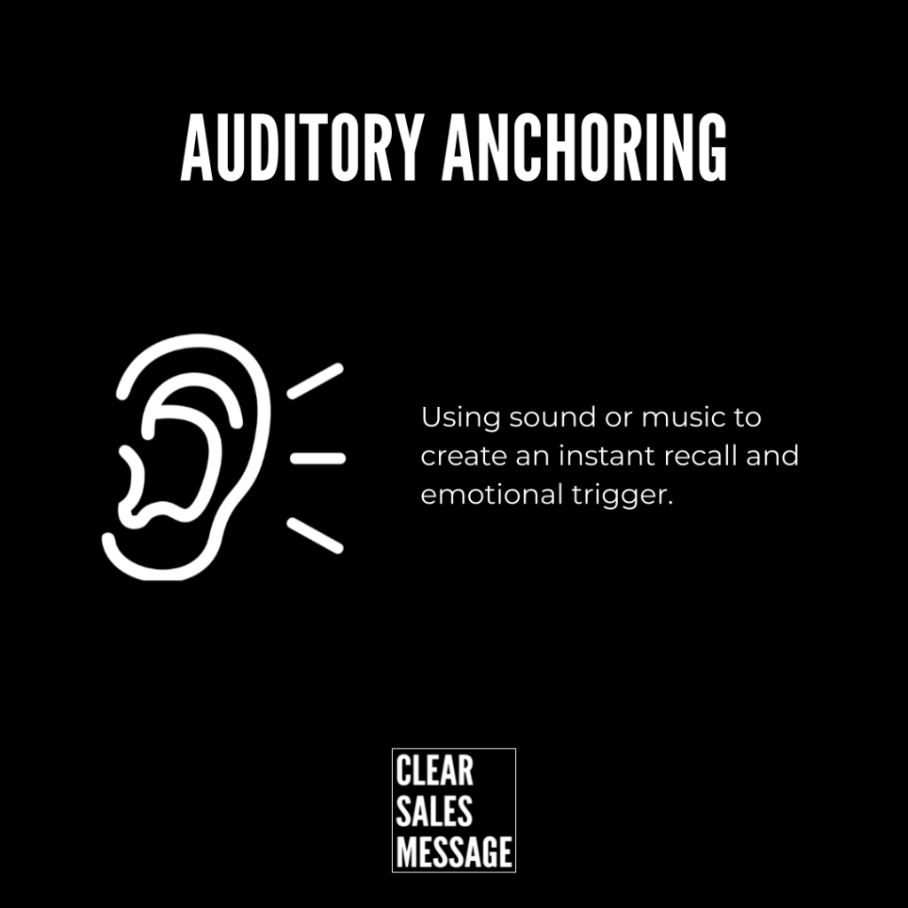Auditory anchoring title with a white ear icon and caption about using sound to trigger memory and emotion clear sales message logo at the bottom