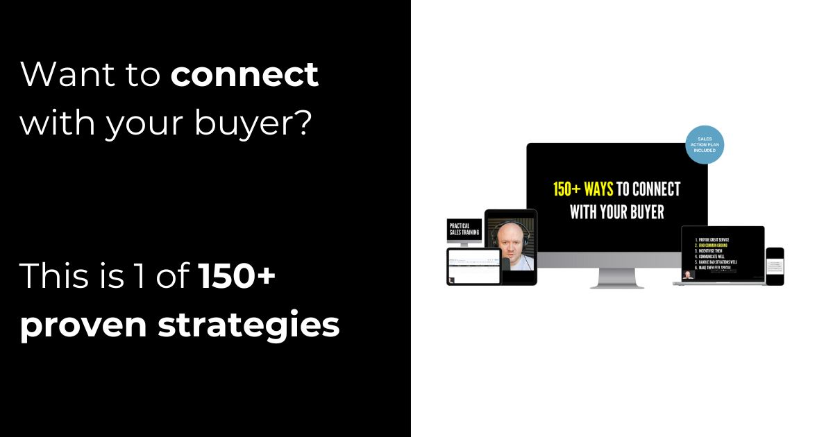 Ad banner with a black left panel showing want to connect with your buyer This is 1 of 150+ proven strategies right side shows devices and 150+ ways to connect with your buyer text