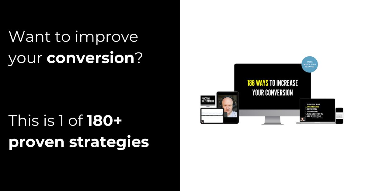 Split screen ad left side black with white text reading want to improve your conversion This is 1 of 180+ proven strategies right side shows devices with a graphic 186 ways to increase your conversion and a blue badge sales action plan included
